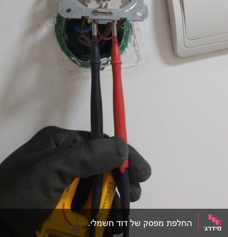 חשמלאי מודד מתח בשקע עם מולטימטר